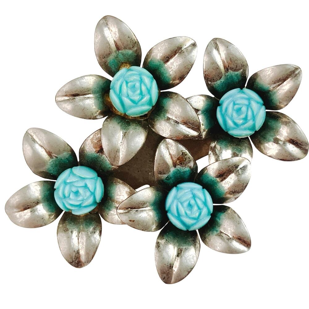 Vintage 1940s Blue Floral Brooch Mid Century Thermoset Jewelry Silver Tone Pin